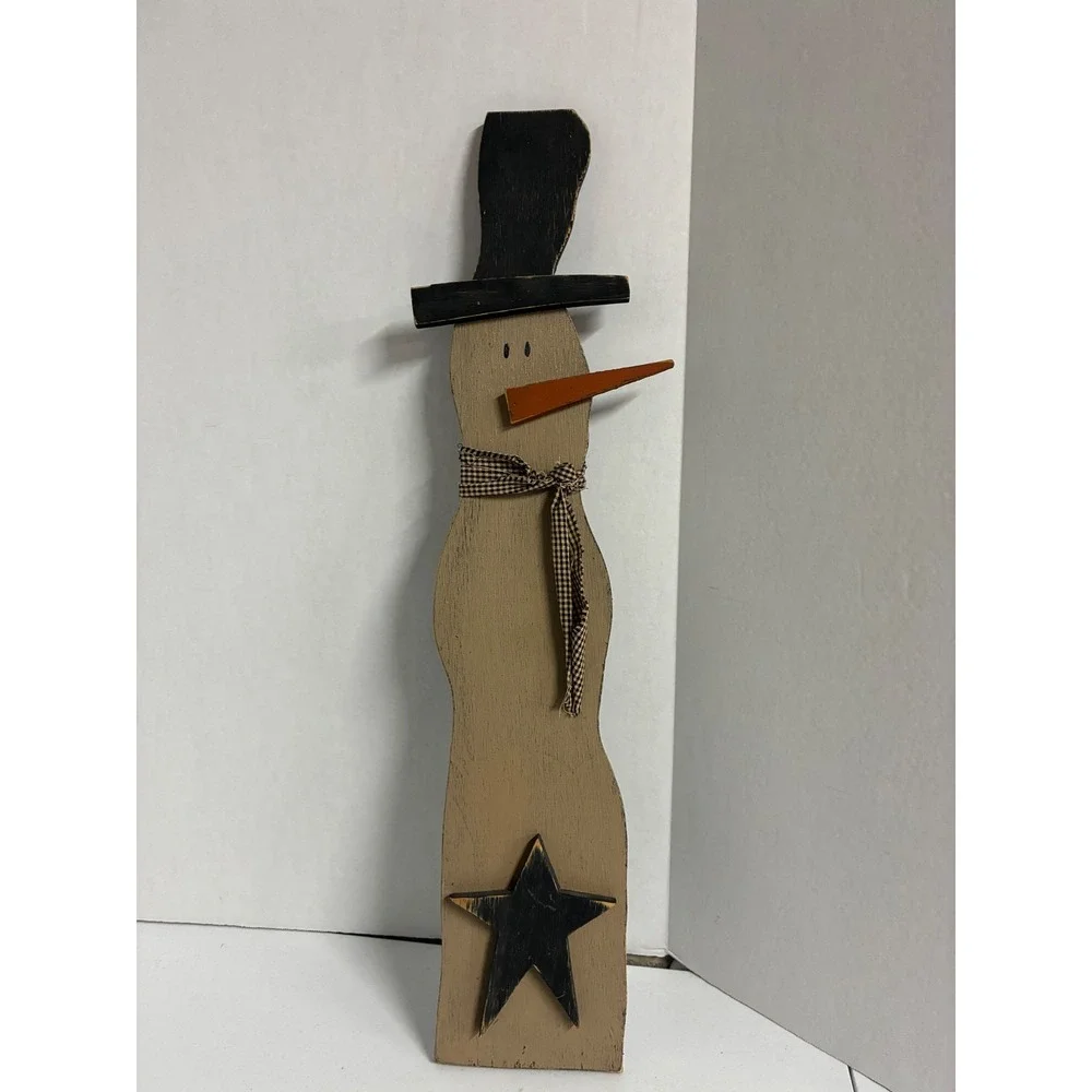 Primitive Rustic Wooden Snowman Figure Tall Distressed Winter Folk Art Decor